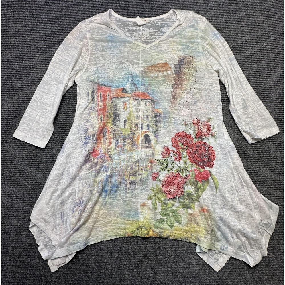 Cactus Shirt Womens Medium White Floral Venice Italy Print 3/4 Sleeve Made USA